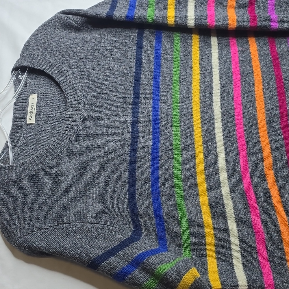 WoolOvers Crewneck Pullover Grey Rainbow Stripes Pure Merino Wool - Picture 2 of 8